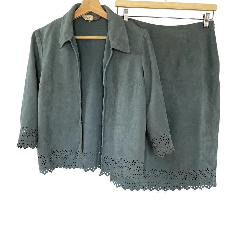 Vintage Miss K Key Wear suede blue green aqua jacket and skirt set women's L